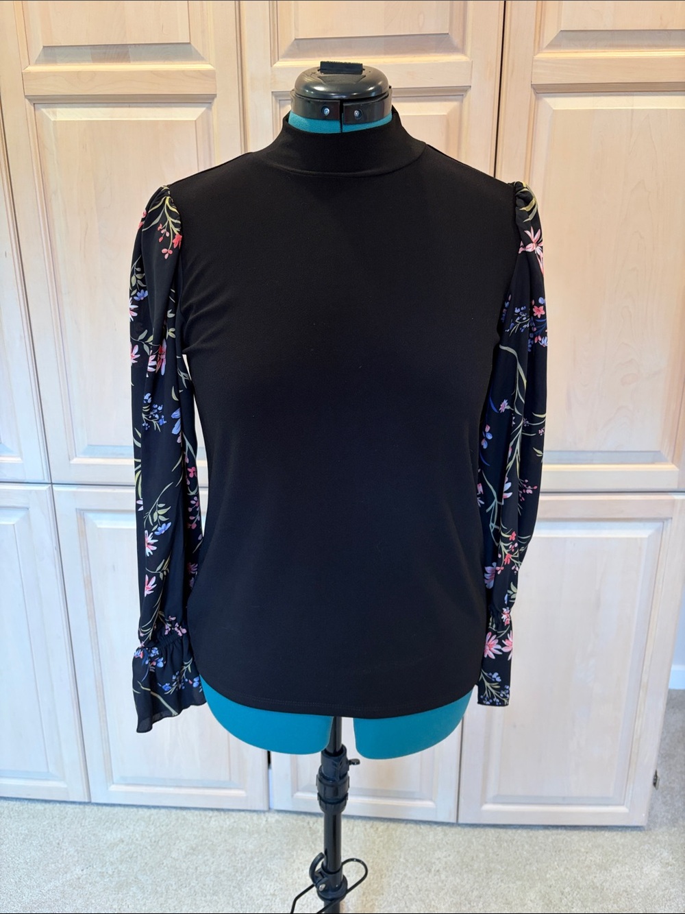 CeCe Black Mock Neck Top with Floral Puff Sleeves